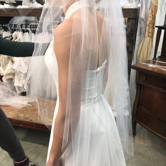 SAMPLE Choker Halter Wedding Dress, White A-Line Sexy, Chiffon Belted Beachy - Picture 6 of 15